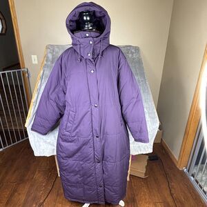 Eddie Bauer Coat Womens XL Tall Purple Long Down Puffer Hooded Thinsulate Zip